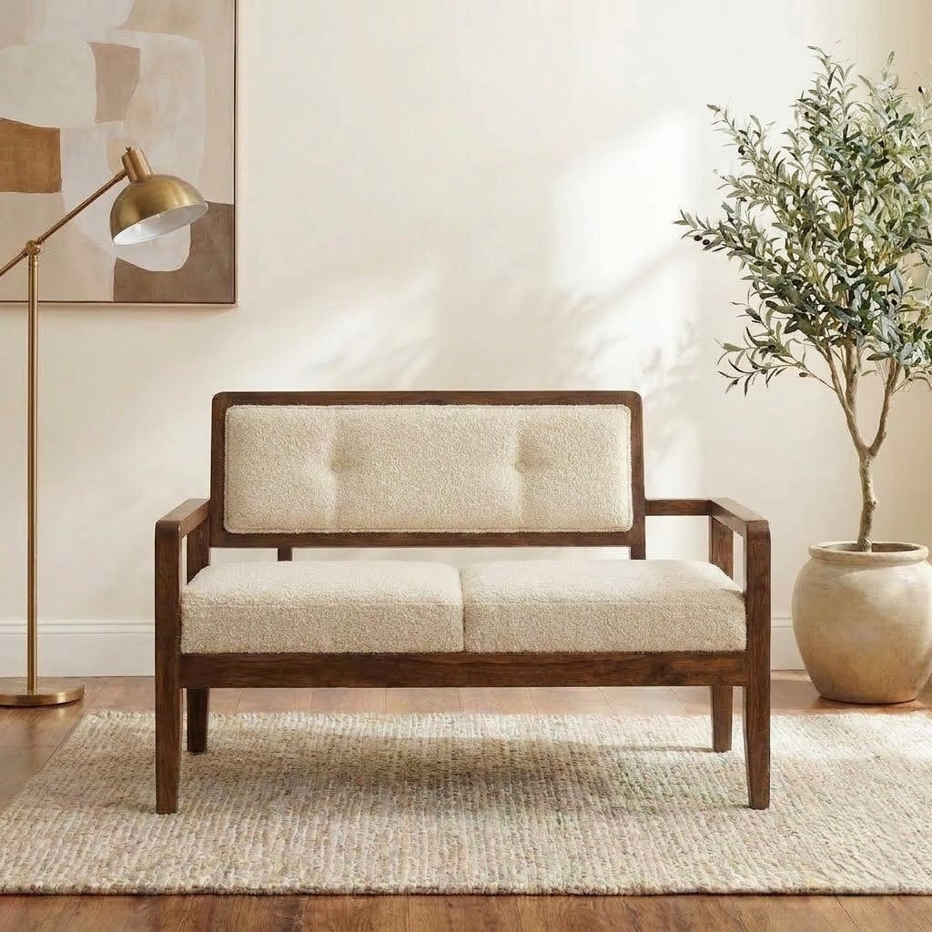 PRITI crème boucle upholstered Sheesham wood bench for living room seating