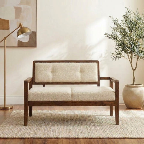 PRITI crème boucle upholstered Sheesham wood bench for living room seating