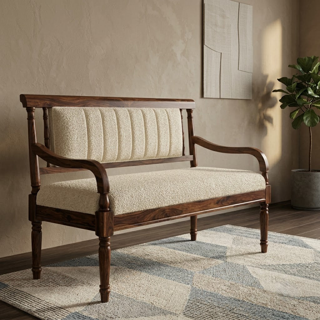 PRITI crème boucle upholstered bedroom bench with sheesham wood frame