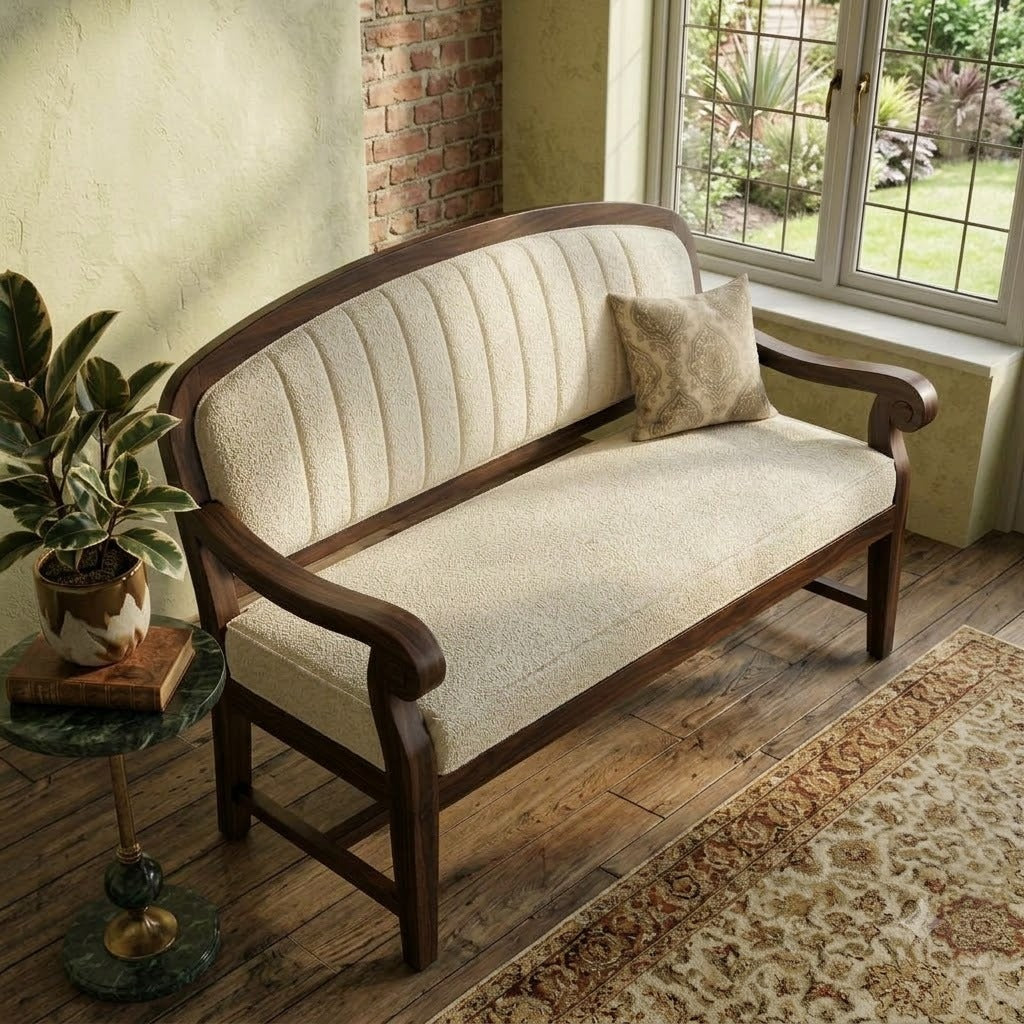 PRITI crème boucle upholstered bench with dark walnut wooden frame