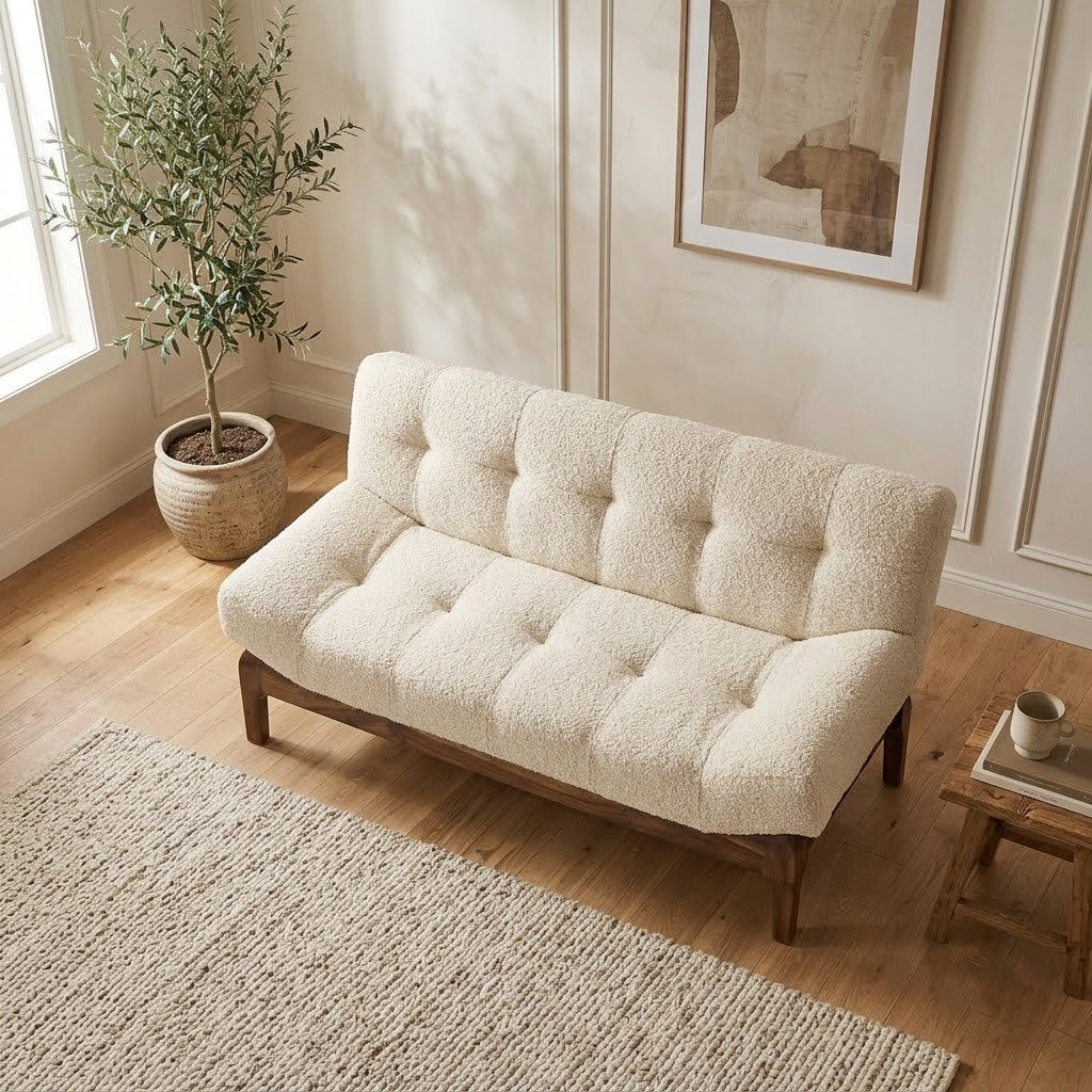 PRITI crème boucle upholstered two seater couch with wooden legs