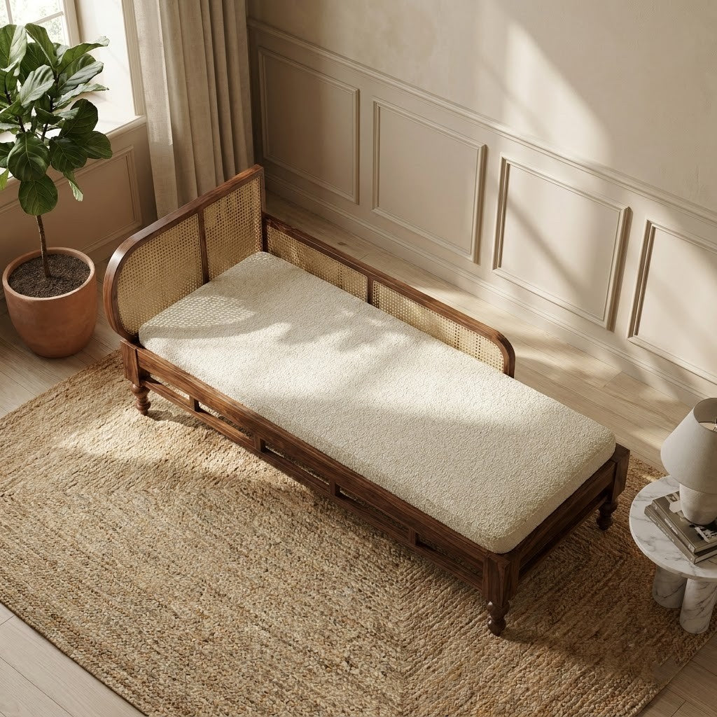 PRITI crème boucle upholstered wooden chaise lounge for living room