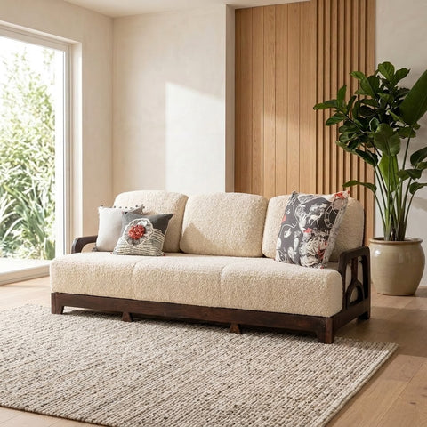 PRITI cream boucle three seater sofa with oriental-inspired wooden design