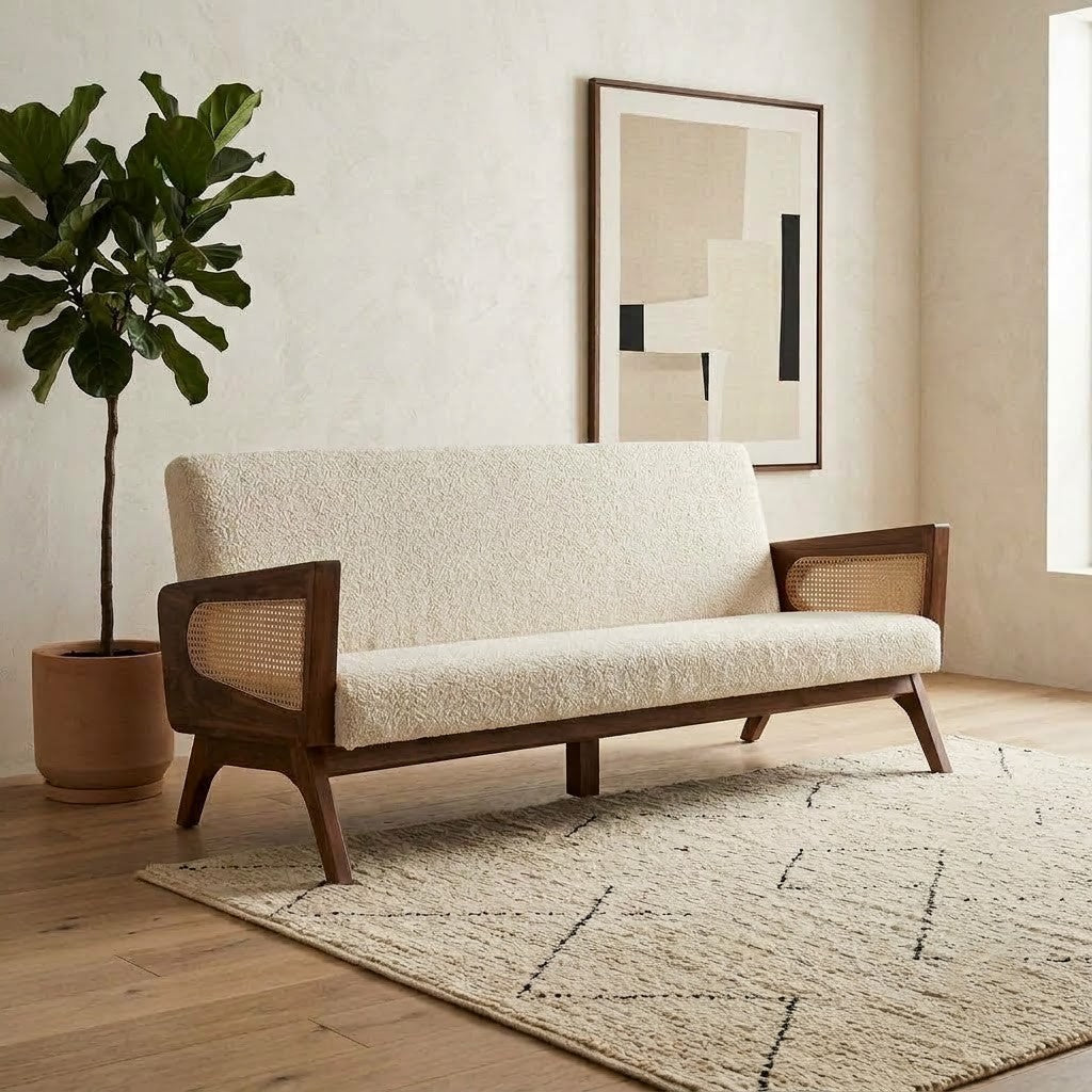 PRITI cream boucle upholstered sofa with retro-inspired wooden design