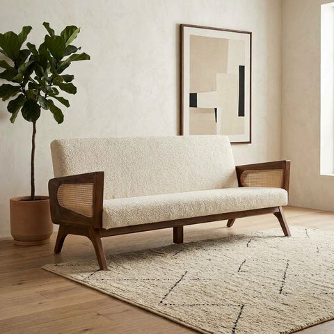 PRITI cream boucle upholstered sofa with retro-inspired wooden design