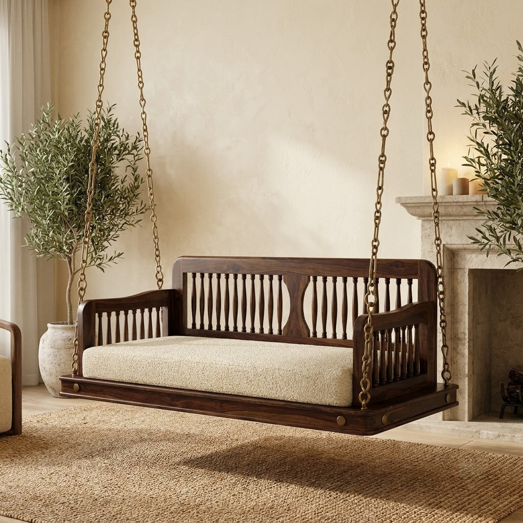 PRITI dark walnut 2 seater wooden swing chair for modern home interiors