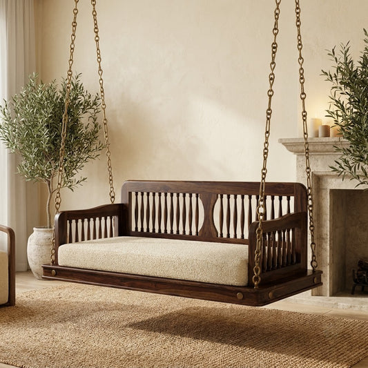 PRITI dark walnut 2 seater wooden swing chair for modern home interiors