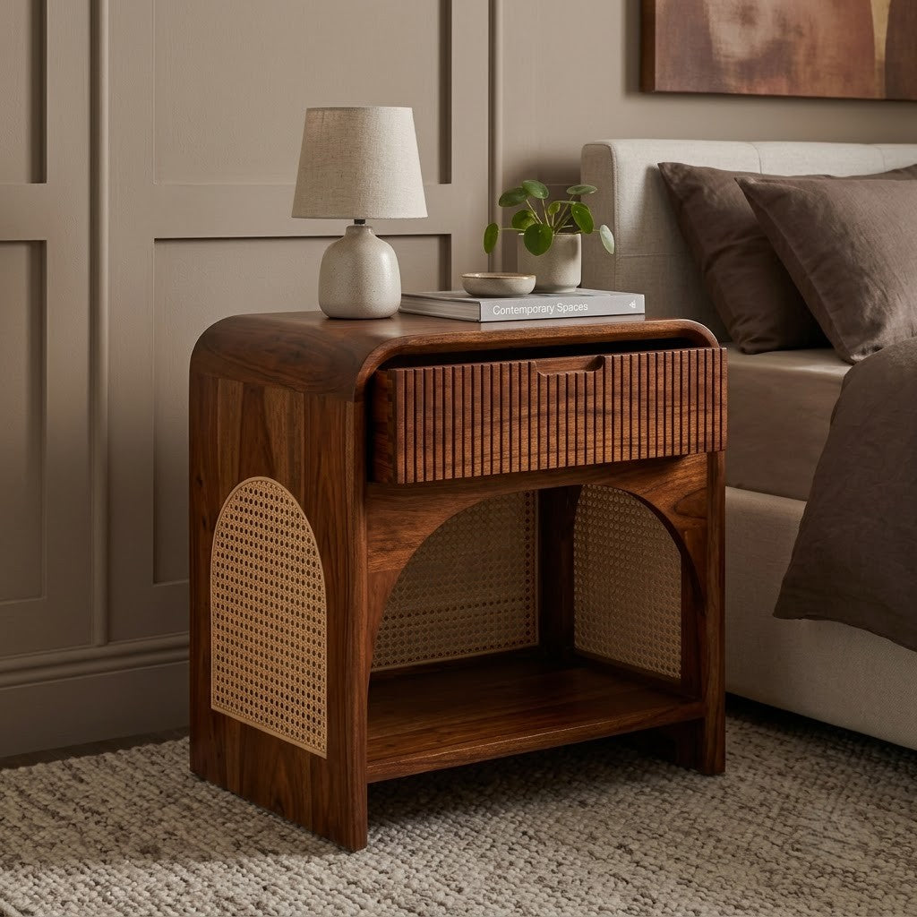 PRITI dark walnut Sheesham wood bedside table with cane detail