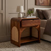PRITI dark walnut Sheesham wood bedside table with cane detail