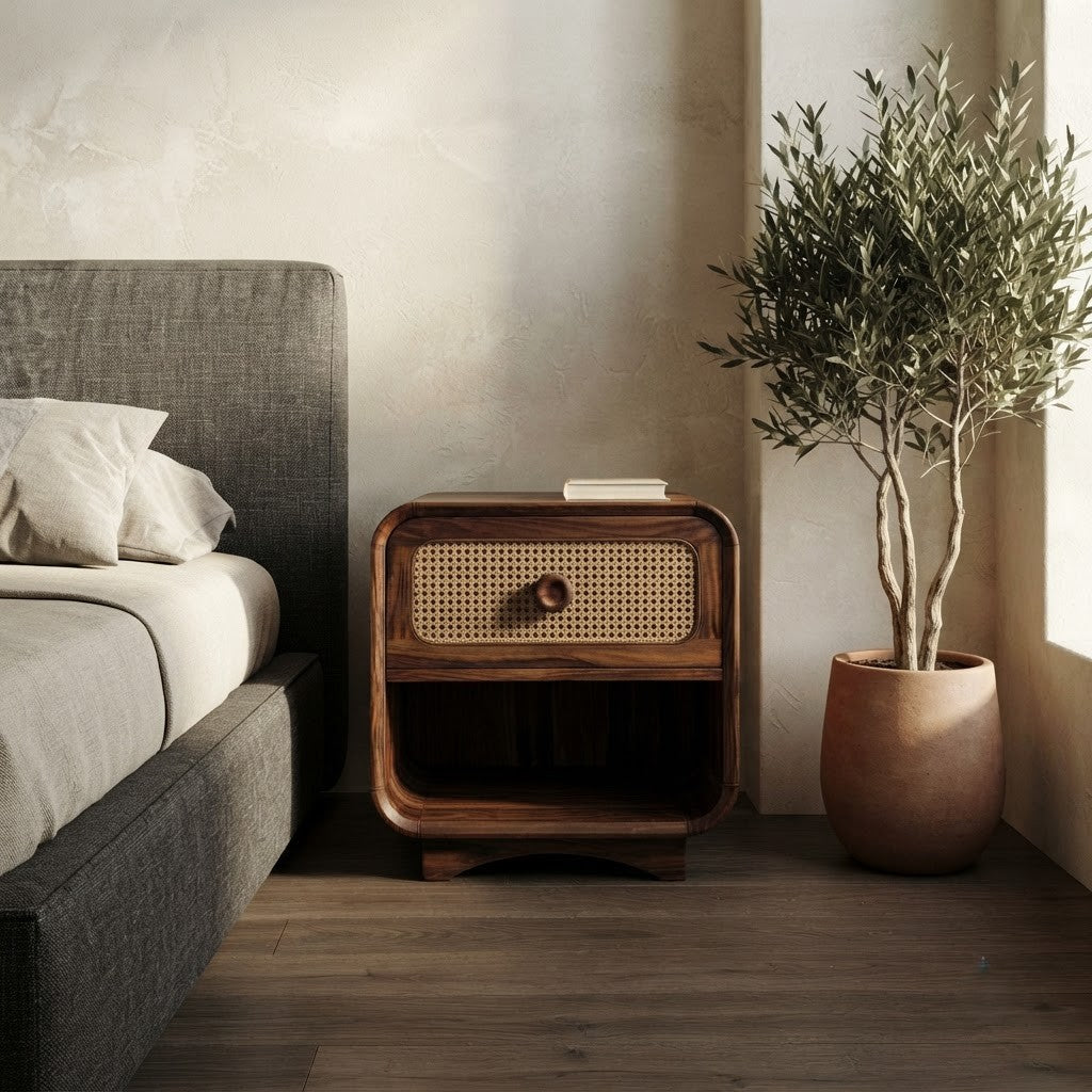 PRITI dark walnut Sheesham wood bedside table with cane drawer