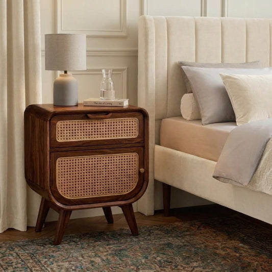 PRITI dark walnut Sheesham wood bedside table with cane drawers