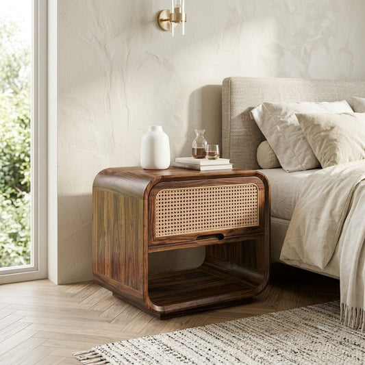 PRITI dark walnut Sheesham wood bedside table with cane storage