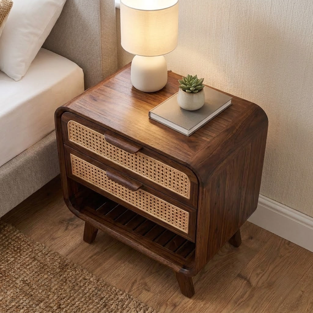 PRITI dark walnut Sheesham wood bedside table with double drawers