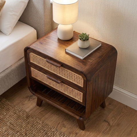 PRITI dark walnut Sheesham wood bedside table with double drawers