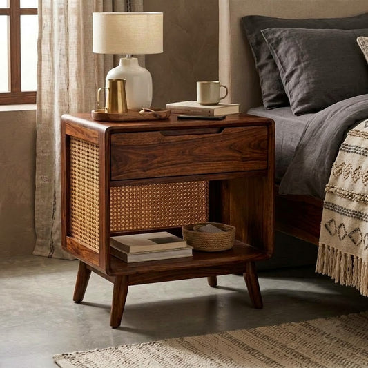 PRITI dark walnut Sheesham wood bedside table with drawer and cane detailing