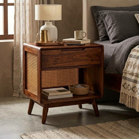 PRITI dark walnut Sheesham wood bedside table with drawer and cane detailing