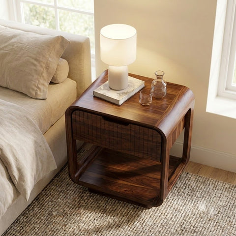 PRITI dark walnut Sheesham wood bedside table with drawer