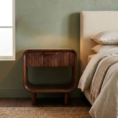PRITI dark walnut Sheesham wood bedside table with fluted drawer