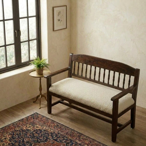 PRITI dark walnut Sheesham wood bench with crème boucle fabric