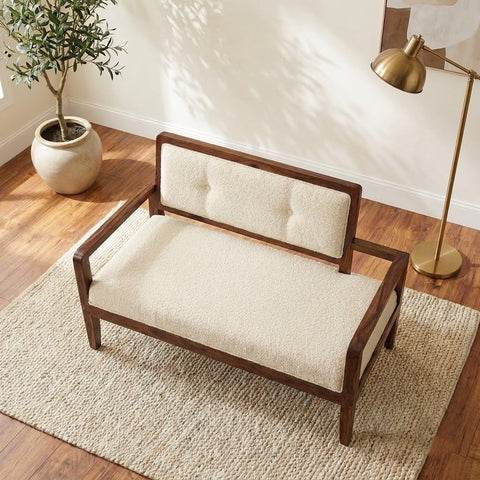 PRITI dark walnut Sheesham wood bench with crème boucle upholstered seat and backrest