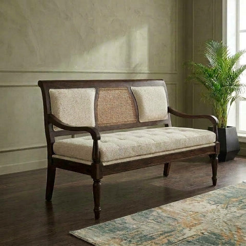 PRITI dark walnut Sheesham wood bench with crème boucle upholstery