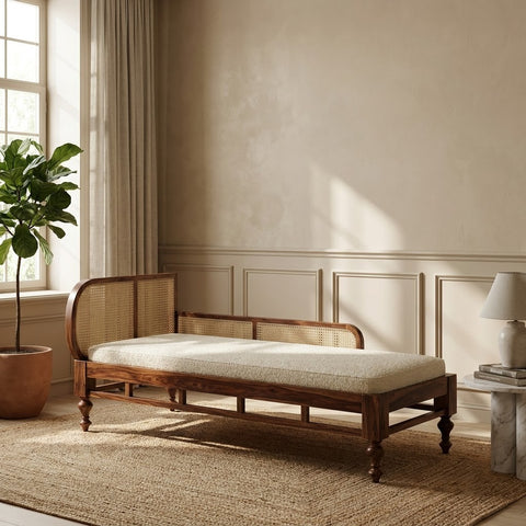PRITI dark walnut Sheesham wood chaise lounge with crème boucle upholstery