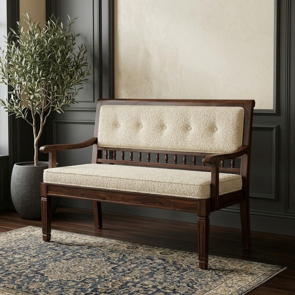 PRITI dark walnut sheesham bench with button tufted crème boucle backrest