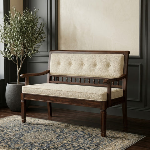 PRITI dark walnut sheesham bench with button tufted crème boucle backrest