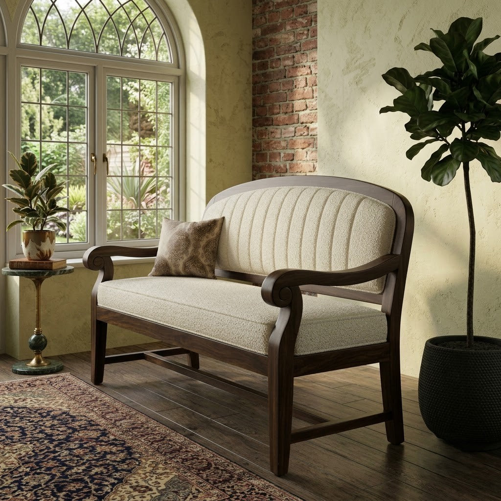 PRITI dark walnut sheesham wood bench with luxury crème boucle upholstery