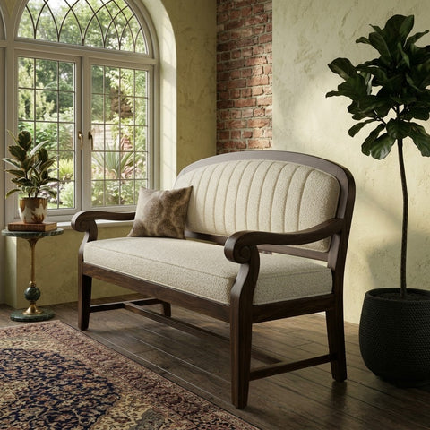 PRITI dark walnut sheesham wood bench with luxury crème boucle upholstery