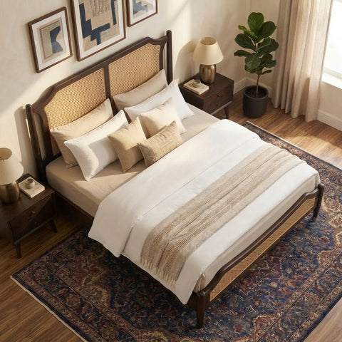 PRITI dark walnut wooden bed without storage for bedroom