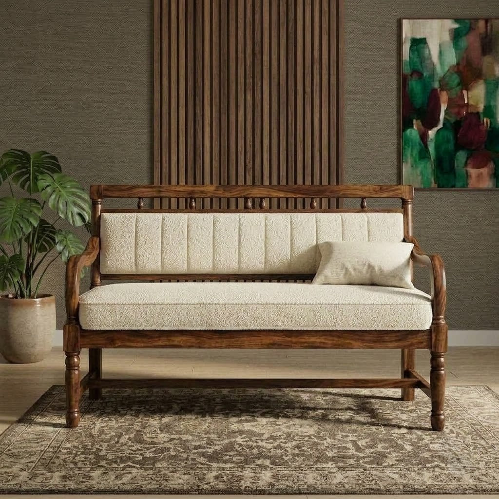 PRITI dark walnut wooden bench with textured crème boucle seating