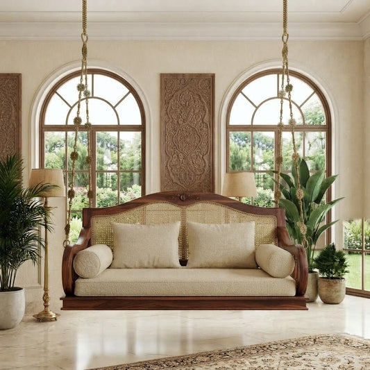 PRITI dark walnut wooden jhula with cushioned Crème Boucle seat