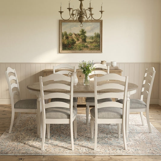 PRITI dining extension table and matching upholstered chairs