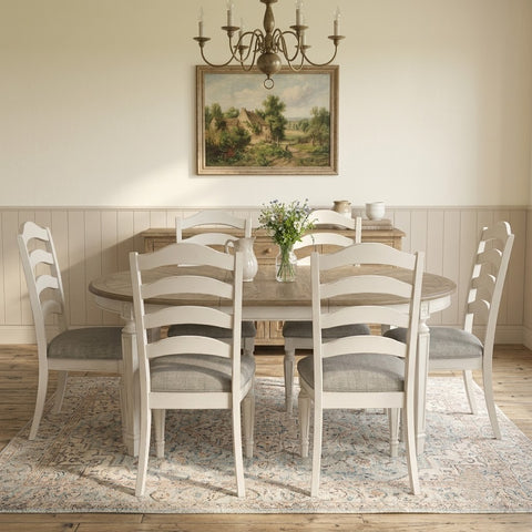 PRITI dining extension table and matching upholstered chairs