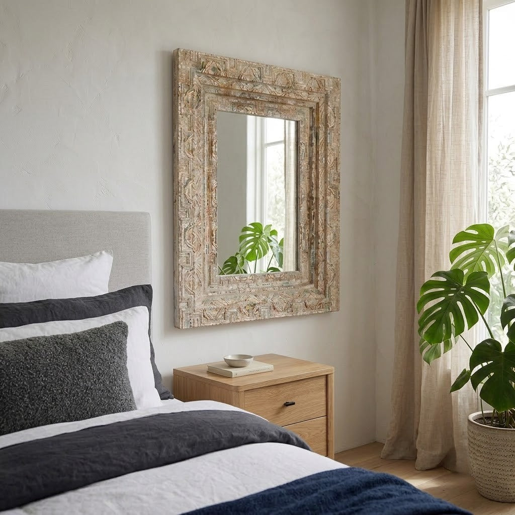 PRITI distressed mango wood vintage wall mirror with hand-carved frame