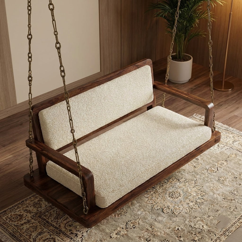 PRITI elegant wooden swing with cane detailing and crème boucle fabric