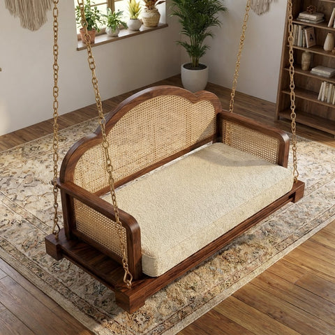 PRITI elegant wooden swing with cane detailing and crème boucle upholstered seat