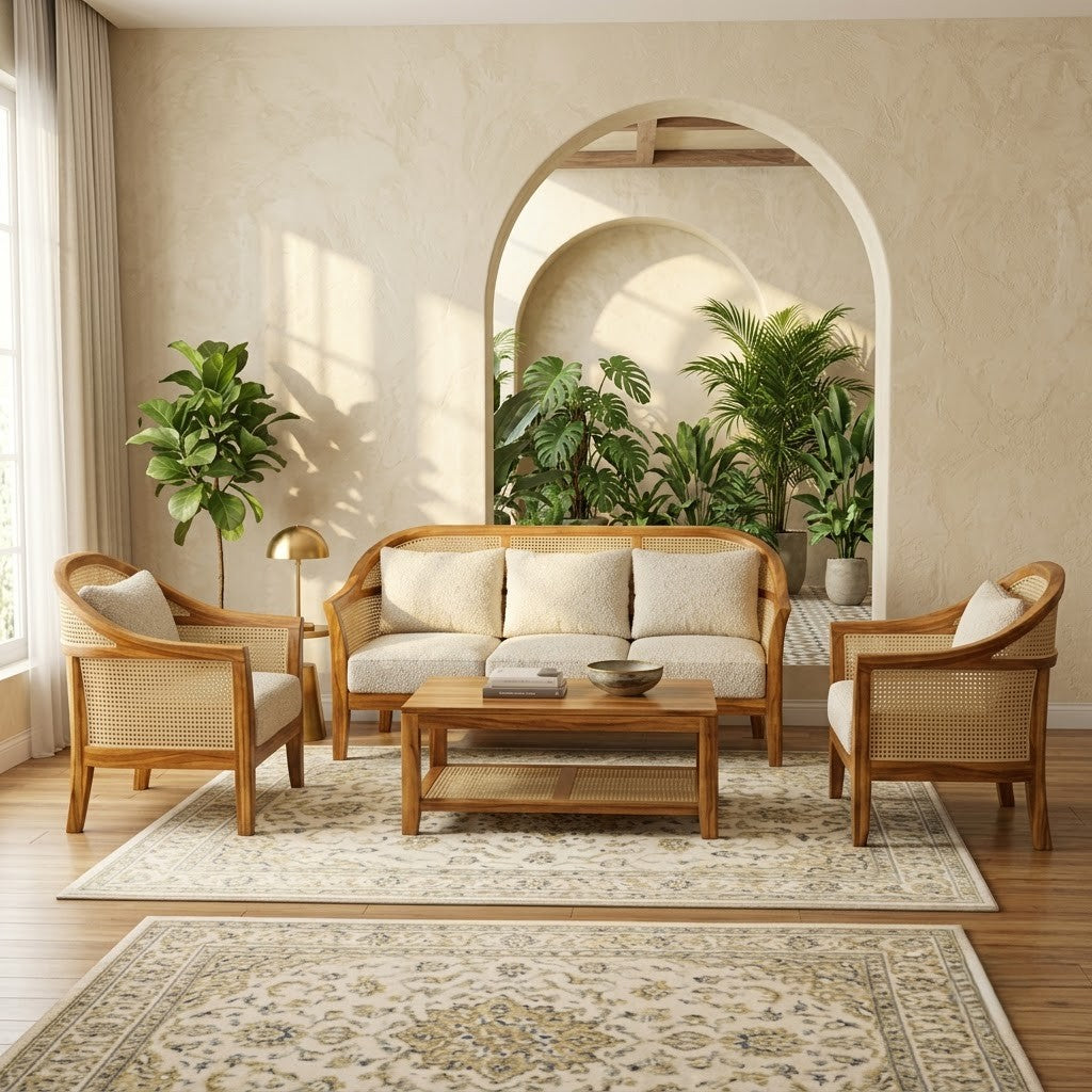 PRITI five seater wooden sofa with Crème Boucle fabric