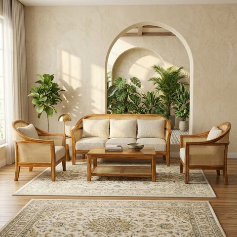 PRITI five seater wooden sofa with Crème Boucle fabric