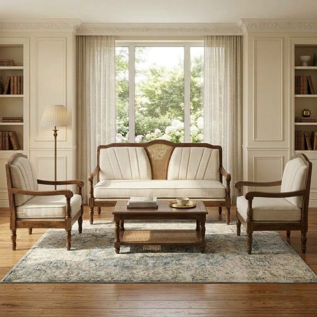 PRITI five seater wooden sofa with Crème Boucle upholstery
