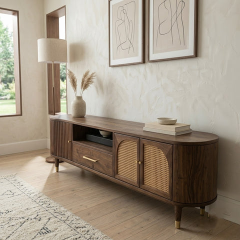 PRITI floor-rested wooden TV cabinet with cane panel for 65-inch TV