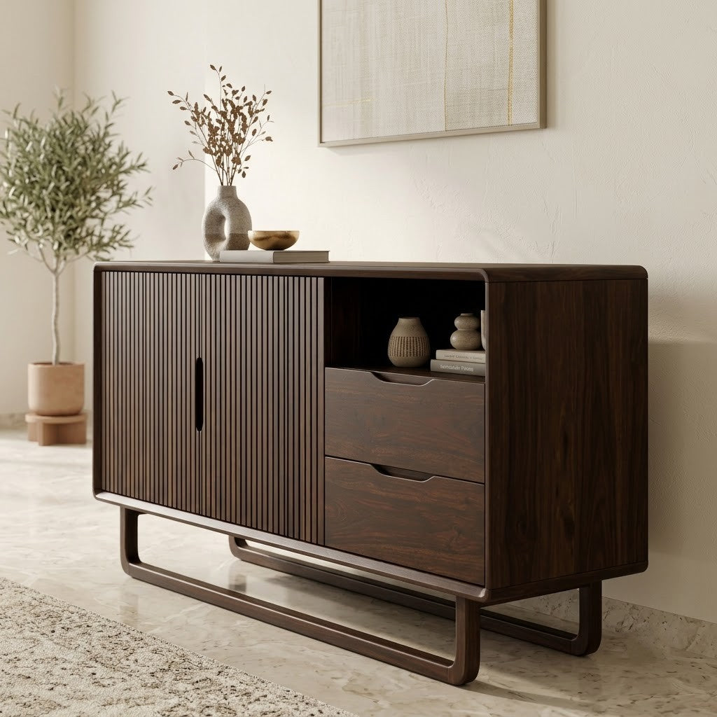 PRITI fluted Sheesham wood sideboard with Walnut finish