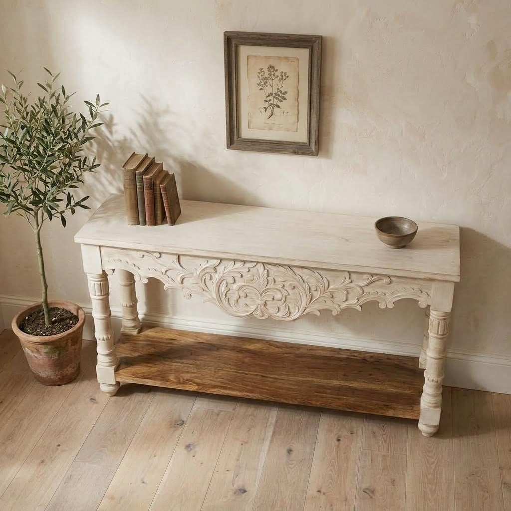 PRITI hand-carved mango wood hallway table for rustic home decor