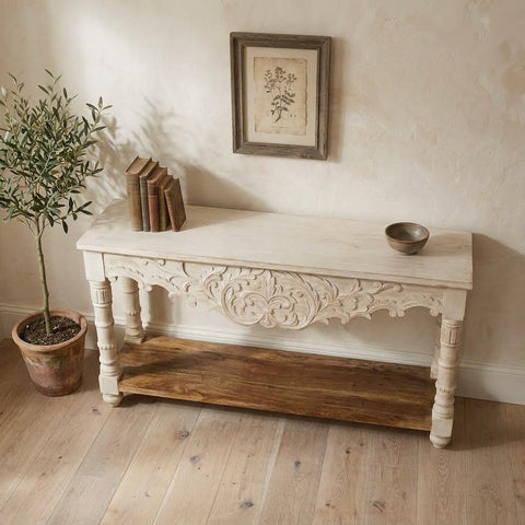 PRITI hand-carved mango wood hallway table for rustic home decor