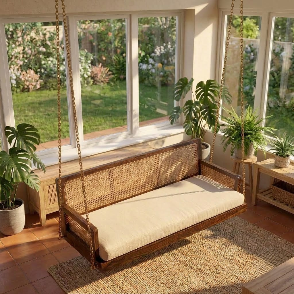 PRITI handcrafted Sheesham wood swing chair with dark walnut finish and boucle seat