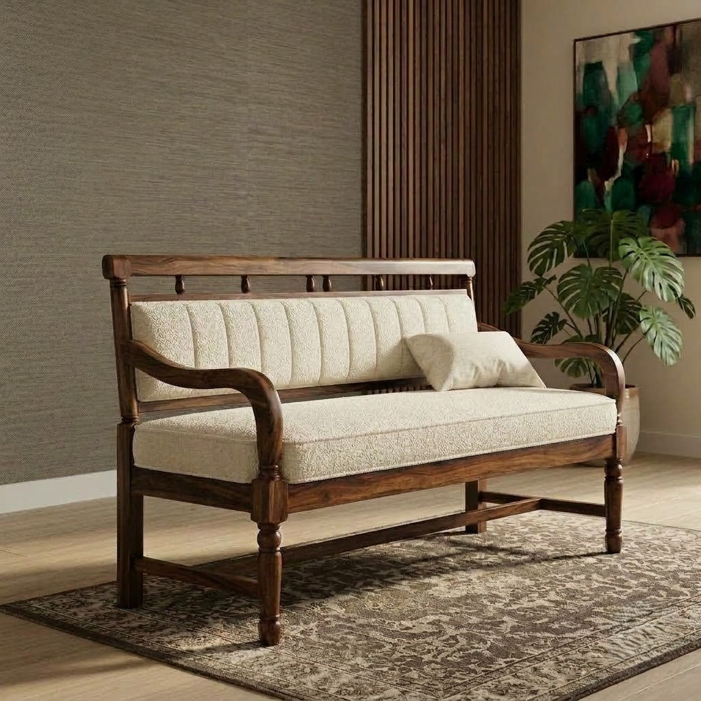 PRITI handcrafted sheesham wood bench with upholstered back support