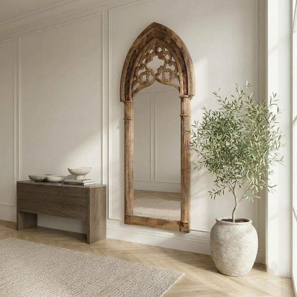 PRITI handcrafted wooden arch mirror with openwork carving