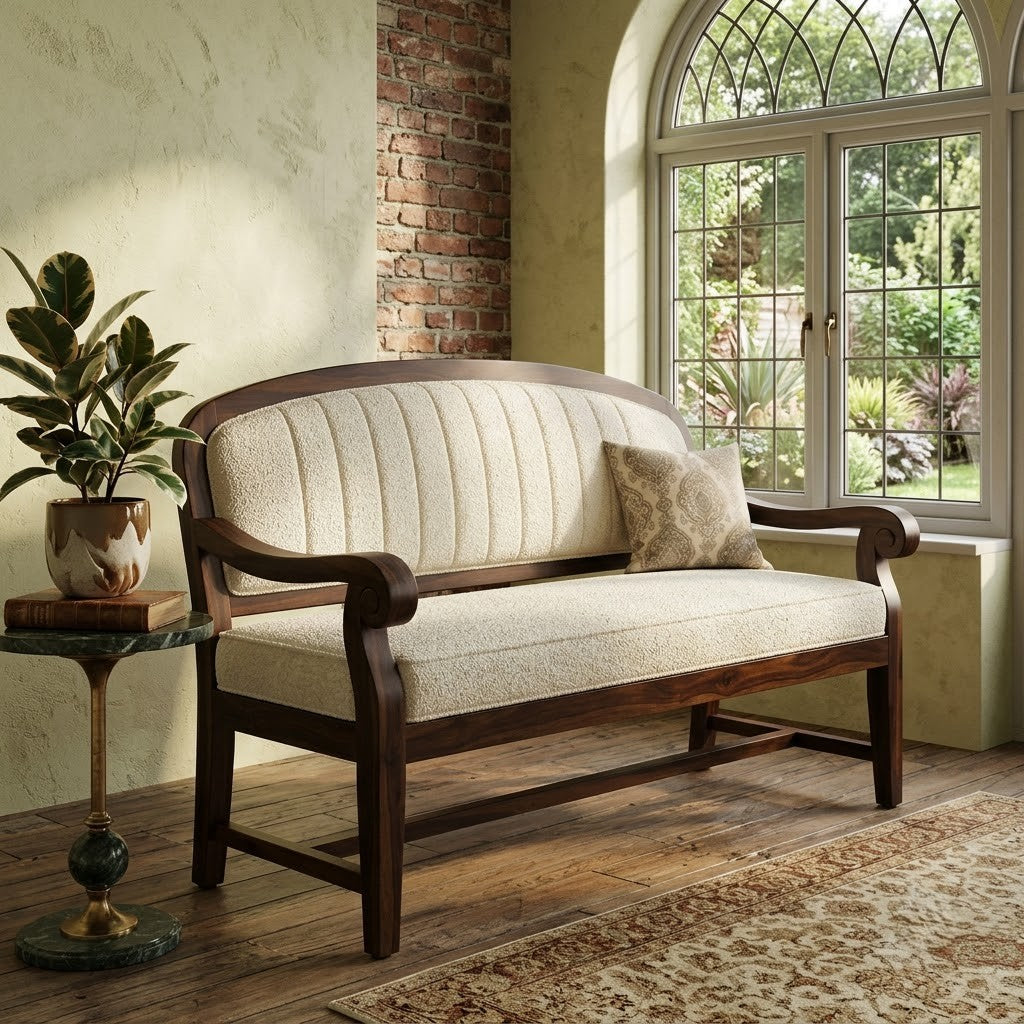 PRITI handcrafted wooden bench with curved armrests and cushioned seating