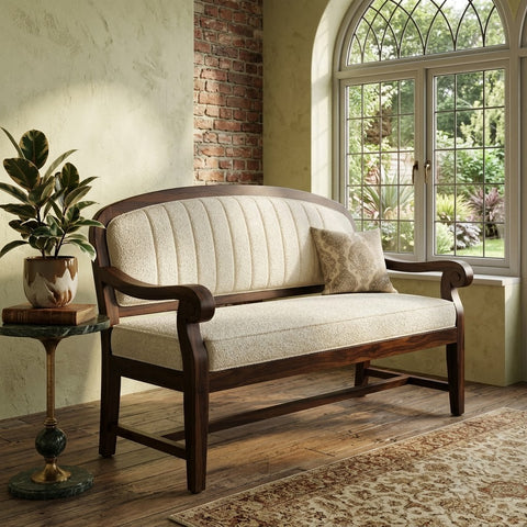 PRITI handcrafted wooden bench with curved armrests and cushioned seating